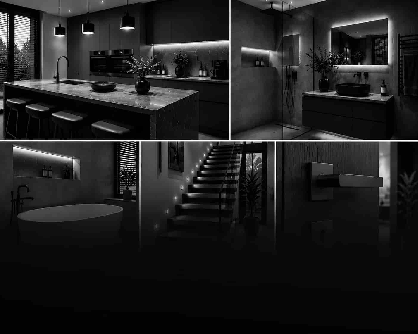 Hochwertige Ausstattung einer Immobilie mit Designküche, modernem Bad, Treppe und exklusiven Materialien für die Immobilienbewertung in OWL